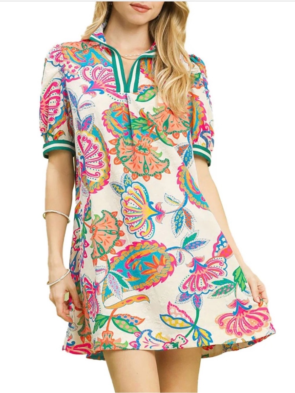 🩷 Umgee USA Jacquard Paisley Print Puff Sleeve Tunic Dress 🩷